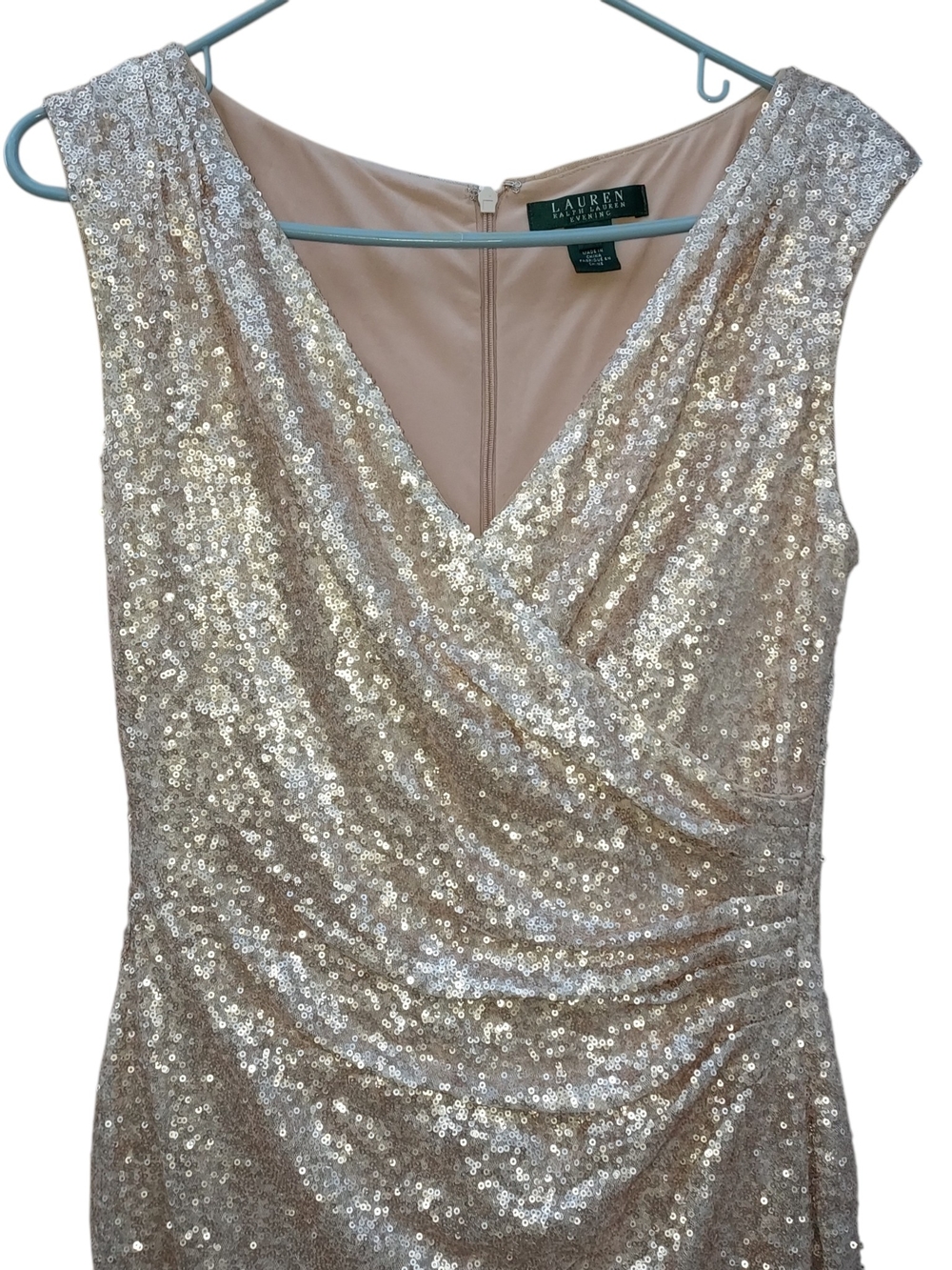 Ralph Lauren Evening Dress Rose Gold Sequin Gown Sleeveless Size 6 Formal Gown